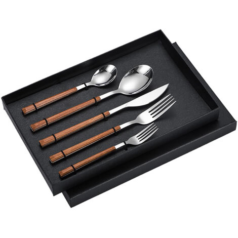 Ensemble de couverts en acier inoxydable avec manche en bois - Couteaux, fourchettes et cuillères pour repas - Ustensiles de table haute résistance (1/5)