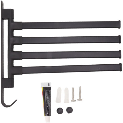 Barre à serviettes pivotante noire, support mural 4 bras pour salle de bain, installation sans perçage, rangement coin (1/5)