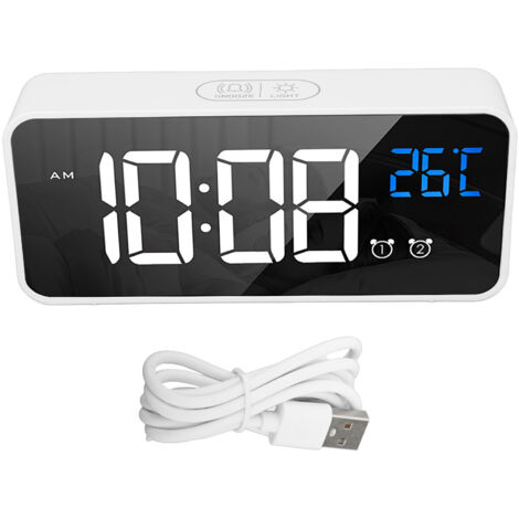 Réveil numérique LED avec miroir, double alarme rechargeable et activation vocale pour chambre à coucher, blanc (1/5)