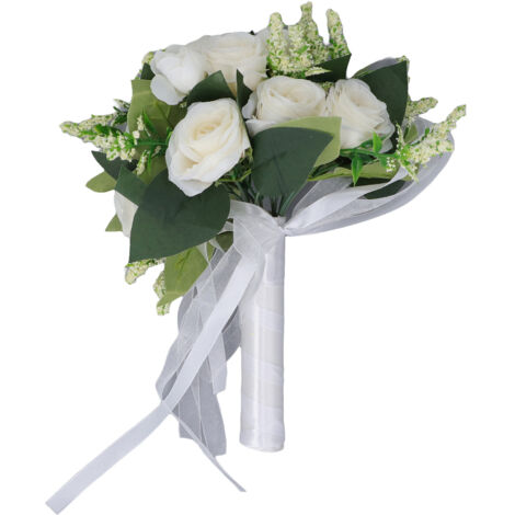 Bouquet de Mariée Artificiel Rose Blanche Lait Élégante avec Feuilles Vertes Naturelles pour Décoration Noces Église Maison (1/5)