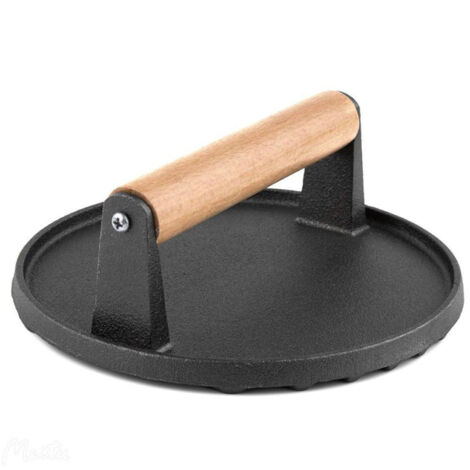 Presse à viande ronde en métal pour hamburgers, outil barbecue avec manche en bois pour pique-nique extérieur (1/5)