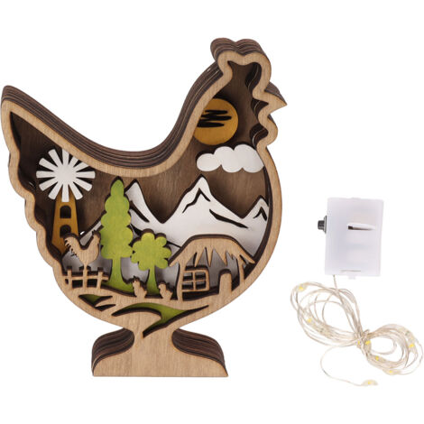 Statue de Poule Lumineuse en Bois Sculpté à la Main, Décoration 3D Creuse pour Pâques (1/5)