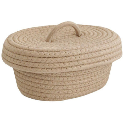 Panier de rangement en corde de coton fait main avec couvercle pour maquillage, accessoires, collations et aiguilles, couleur kaki