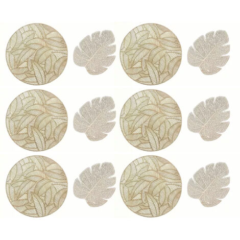Set de 6 Dessous de Plat Ronds et 6 Dessous de Verre en Forme de Feuille, Isolation Creuse, Doré, pour Table à Manger (1/5)
