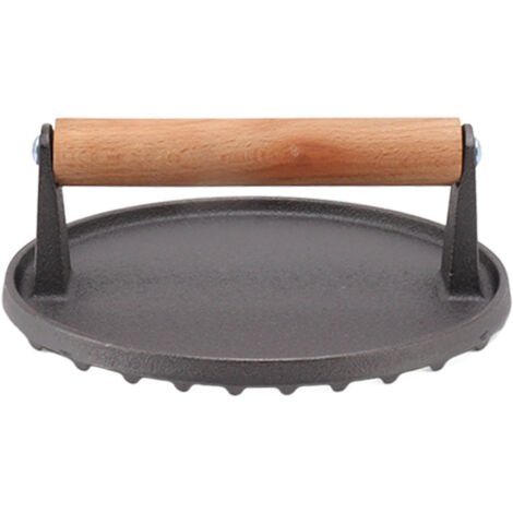 Presse à Viande Ronde en Fonte avec Surface Rainurée et Manche en Bois pour BBQ Burger Bacon (1/5)