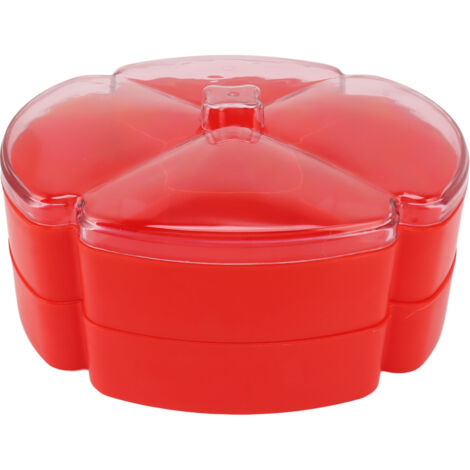 Plateau de service compartimenté en plastique à double étage avec couvercle rouge pour noix, bonbons, fruits secs et snacks (1/5)