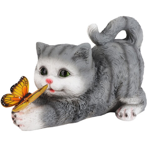 Figurine Chat Jardin Résine avec Papillon, Décor Solaire Étanche Mignon pour Balcon Terrasse Pelouse (1/5)
