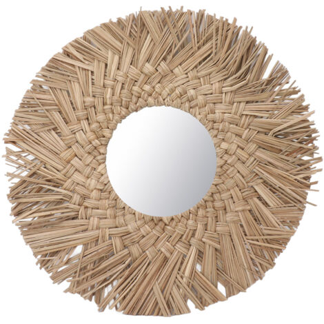 Miroir mural tissé en paille rétro, décoration naturelle pour chambre étudiante et intérieur bohème.