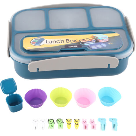 Ensemble de 16 Boîtes Bento Réutilisables 1300ml, 4 Compartiments avec Cuillère pour Déjeuner Adulte, Fruits - Bleu (1/5)