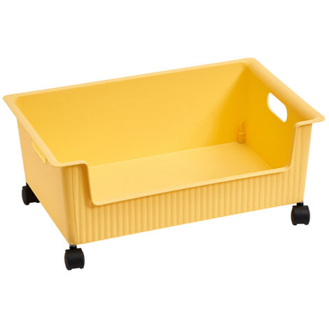 Boîte de rangement livres plastique à roulettes, grande capacité, bac organisateur pour salle de classe, cartables, jaune (1/5)