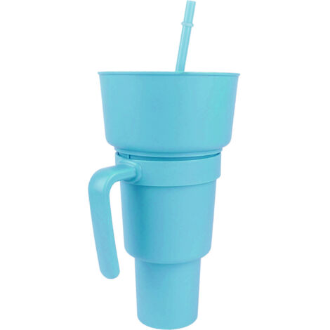 Gobelet Snack et Boisson 2 en 1 avec Paille, Grand Ouverture, Couvercle Bocal pour Cinéma Maison Voyage, Bleu Clair (1/5)