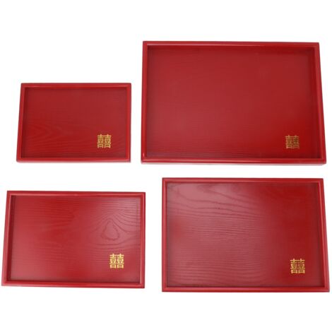 Plateau de service carré en bois style chinois rouge pour mariage, 4 pièces, idéal pour thé, café, fruits et bonbons.