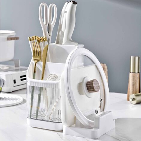 Bloc à couteaux avec bac de rangement et égouttoir transparent - Organisateur d'ustensiles de cuisine blanc (1/5)