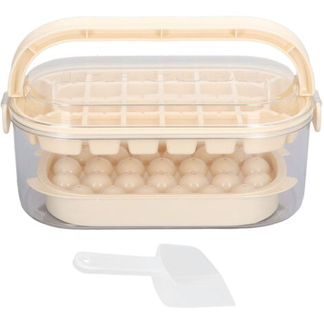 2 Moules à Glaçons Ronds et Carrés avec Bac et Pelle - 54 Cubes - Base Rigide Beige - 2 Plateaux Superposés pour Congélateur (1/5)