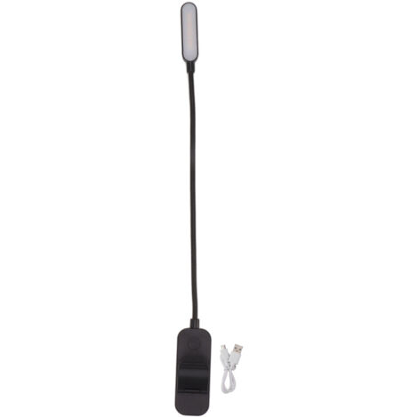 Lampe de lecture LED clip USB rechargeable, 3 niveaux de luminosité et gradation continue, 8 LEDs pour soin des yeux et aide au sommeil, couleur noire.