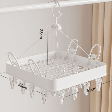 Séchoir pliable avec pinces pour chaussettes, sous-vêtements et vêtements bébé - 24 pinces - Blanc - 33x33x33 cm (1/3)
