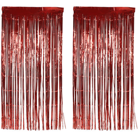2 pièces Rideau Franges Métallisé pour Décoration de Mariage, Anniversaire, Fête de Fiançailles, Scène Événement Rouge