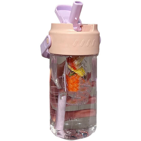 Bouteille d'eau avec paille intégrée, filtre à thé et poignée, 700ml en PC, design mignon rose pour femmes et filles. (1/5)