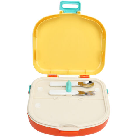 Boîte Bento Déjeuner ABS Compartiments Séparés Anti-Fuide Poignée Fermeture Résistante à la Chaleur avec Cuillère et Fourchette Jaune (1/5)