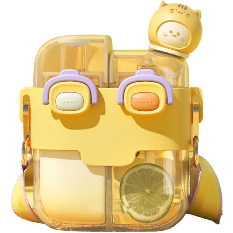 Gourde d'eau sportive Kawaii 530ml avec paille et sangle ajustable, idéale pour le voyage et les activités en plein air, couleur jaune vif. (1/5)