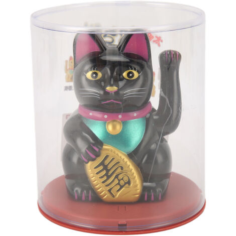 Chat solaire chanceux 4in avec bras mobile - Chat Feng Shui à énergie solaire, maneki-neko décoratif pour la prospérité, noir MLY23056 (1/5)