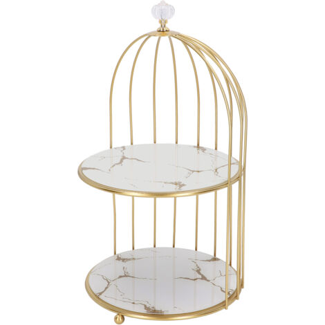 Étagère de rangement à double couche pour cage d'oiseaux, organisateur de table de toilette avec cadre doré et base blanche à motif doré (1/5)