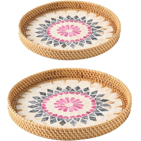 2 Plateaux en Rotin Tressé Main avec Coquillages Colorés pour Salon, Plateau à Fruits, Snacks ou Pain, Dessous de Plat Décoratif pour Table Basse (1/5)