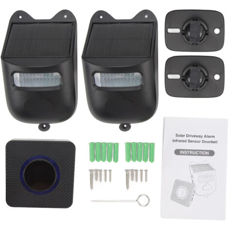 Sonnette de Portail Solaire sans Fil avec Détecteur de Mouvement Infrarouge pour Sécurité Domestique, 1 Récepteur et 2 Détecteurs, Prise UE 110-240V
