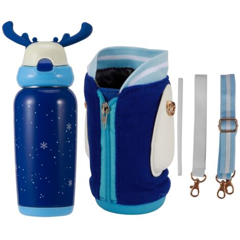 Gourde Isotherme Enfants 500ml avec Paille, Portable et Mignonne en Acier Inoxydable Bleu (1/5)