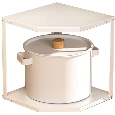Étagère d'angle de cuisine en acier carbone, 2 niveaux blancs 27x27x27.6cm, gain de place pour casseroles et poêles, design stable en forme d'éventail.