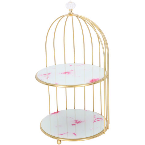 Étagère de rangement à double couche pour cage d'oiseaux, organisateur de table de maquillage avec cadre doré et motif pierre rose pour salle de bain (1/5)