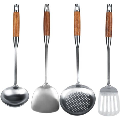 Ensemble de 4 ustensiles de cuisine en acier inoxydable 304 et bois de rose (1/5)
