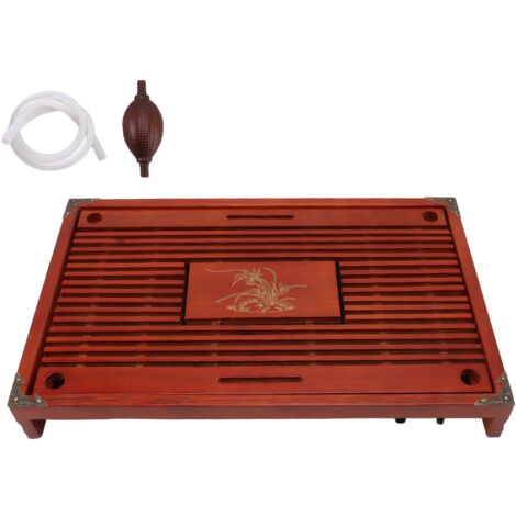 Plateau de thé style Kung Fu en bois avec motif orchidée, plateau de service à drainage et stockage d'eau, couleur rouge foncé (1/5)