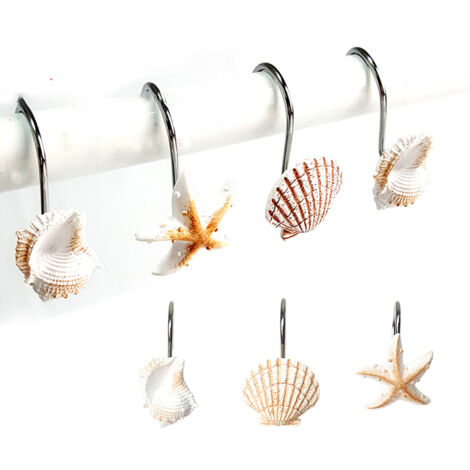 12 Crochets de Rideau de Douche Étoile de Mer et Coquillage en Résine pour Salle de Bain (1/5)