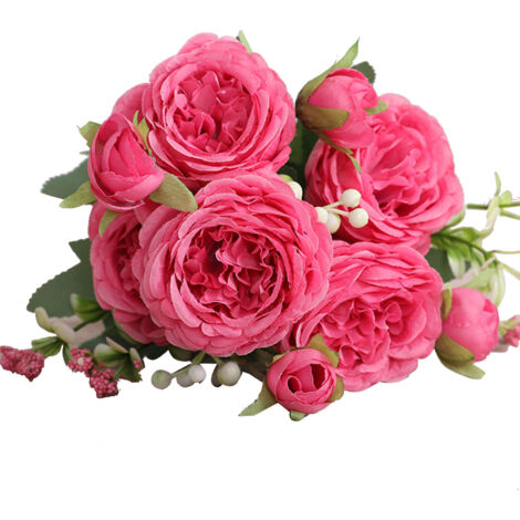 Bouquet de Roses Persanes Artificielles Rouges - 3 Bouquets de 5 Têtes pour Décoration de Mariage et Salon (1/5)