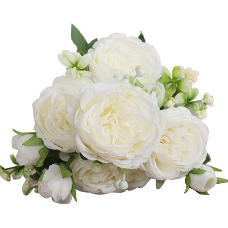 Bouquet de Roses Persanes Artificielles Blanc - 3 Bouquets 5 Têtes pour Décoration Mariage et Salon (1/5)