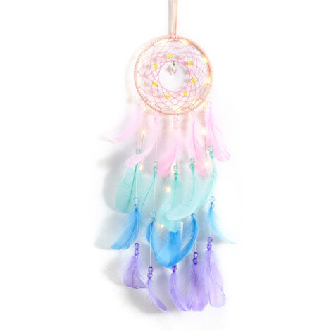 Attrape-rêves lumineux à plumes colorées, décoration murale tissée main pour chambre, rose. (1/5)