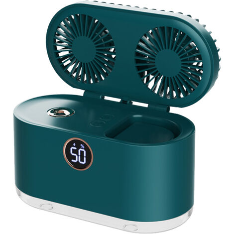 Ventilateur humidificateur USB rechargeable 2 en 1, double pale, portable pour bureau et chambre, vert (1/5)