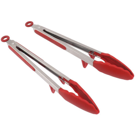2 pièces Pince de Cuisine 12 Pouces en Acier Inoxydable avec Embouts en Silicone pour Barbecue et Grill, Rouge (1/5)