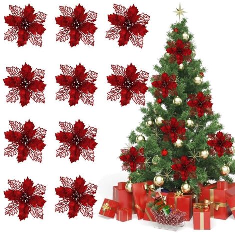 10 Fleurs Artificielles Poinsettia Pailletées pour Décoration de Noël Réutilisables (1/5)