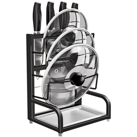 Support de couvercle 2 en 1 avec porte-couteau en acier inoxydable 304, organisateur de cuisine multifonctionnel noir, 1 emplacement couteau (1/2)