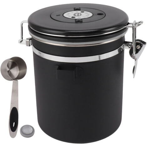 Boîte de Rangement Café 1,5L Acier Inoxydable avec Cuillère et Traqueur de Date - Hermétique pour Conservation Aliments - Noir (1/5)