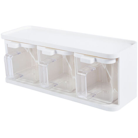Boîte à Épices 3 Cases Transparente avec Poignée et Cuillère pour Sel, Sucre et Assaisonnements (1/5)