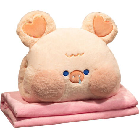 Oreiller de voyage en peluche avec couverture et poche chauffante - Cochon doux pour maison, bureau et déplacements (1/5)