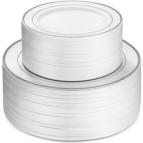 50 Assiettes en Plastique Bord Doré et Argenté, 25 Assiettes Plate 15 cm et 25 Assiettes Creuses 23 cm pour Fêtes et Événements