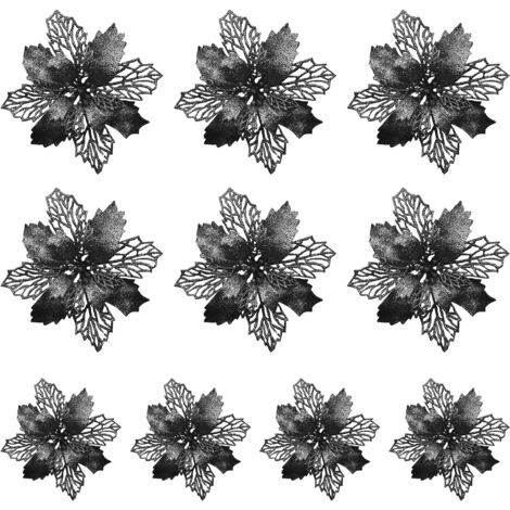 10 Fleurs Artificielles Poinsettia Pailletées 9cm pour Décoration Noël, Mariage, Couronne Fête (1/5)