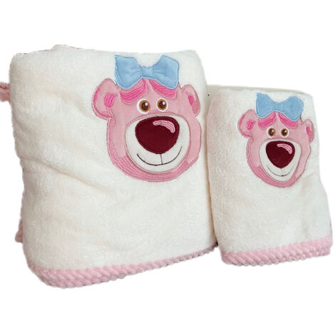 2PCS Serviette de Bain Douce en Peluche Corail avec Motif Ours et Dentelle de Chanvre - Absorbante et Blanche (1/5)