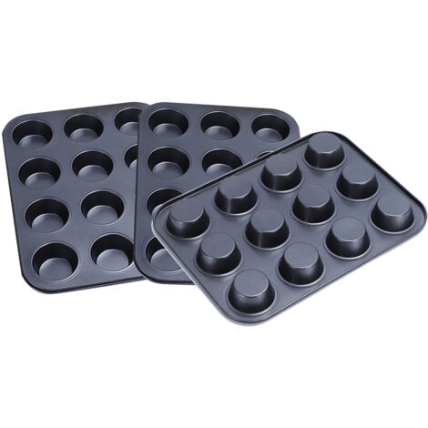 3 Pièces Moule à Muffins Antiadhésif en Acier Carbone, 12 Cavités pour Cupcakes, Tartelettes et Muffins, Noir - Accessoire de Cuisine pour Pâtisserie