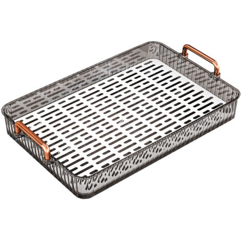 Plateau de service rectangulaire antidérapant avec évacuation d'eau, poignées et grand format idéal pour salon, cuisine ou fêtes, en plastique gris. (1/5)