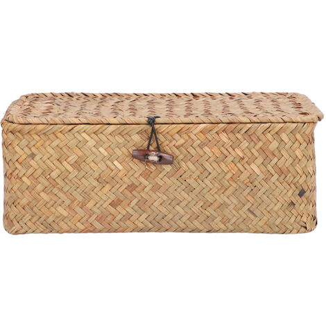 Panier de Rangement en Fibre Naturelle Tressé avec Couvercle, Organisateur de Bureau Rectangulaire